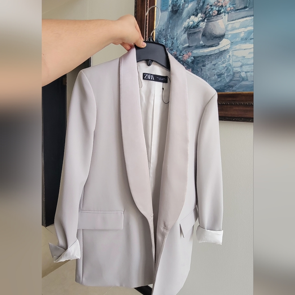 Zara Combination Satin Effect Blazer/Light Grey